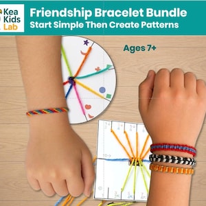 May include: A friendship bracelet bundle with the text "Friendship Bracelet Bundle Start Simple Then Create Patterns" and "Ages 7+". The image shows hands wearing colorful friendship bracelets, with instructions and materials.