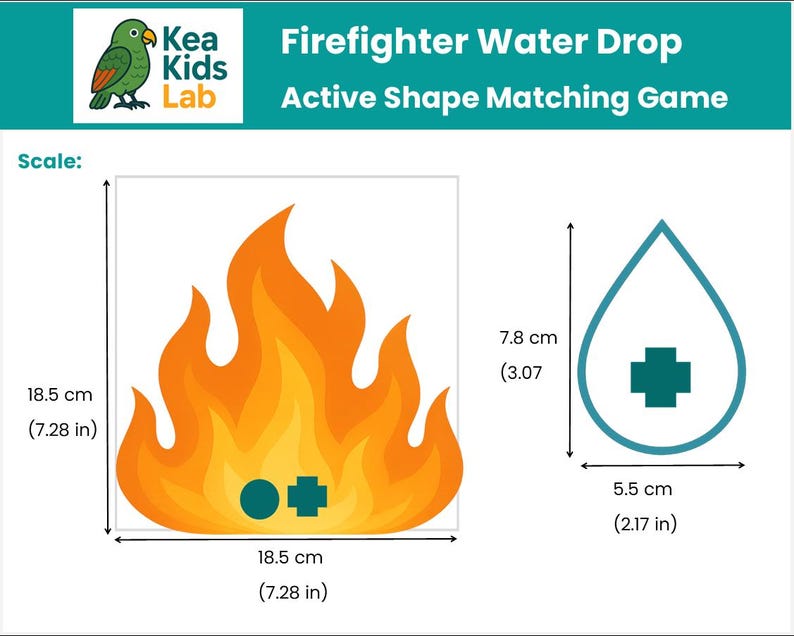 May include: A children's educational game with the text "Firefighter Water Drop Active Shape Matching Game". The image shows a flame shape (18.5 cm / 7.28 in) and a water drop shape (7.8 cm / 3.07 in). The flame is orange and yellow, and the water drop is blue.
