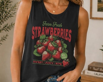 Farm Fresh Strawberries Tank Top, Vintage Fruit Graphic Top, Sweet Juicy Tank, Summer U Pick Berry Tank Top