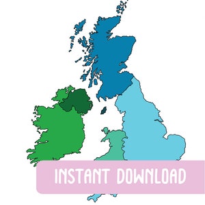 Mapa del Reino Unido e Irlanda - Colorido - Mapa ilustrado a mano - Mapa de viaje - Mapa con alfileres - Mapa imprimible - Descarga instantánea