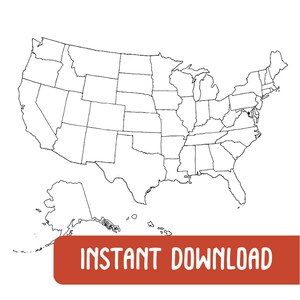 Mapa impreso de los Estados Unidos de América - Blanco y negro - Mapa ilustrado a mano - Mapa de viaje con pin - Mapa imprimible - Descarga instantánea - Digital