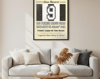 Póster de Alan Shearer del Newcastle – 260 goles en la Premier League – Impresión del número 9 del NUFC – Arte mural de fútbol retro – Descarga digital