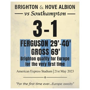 Brighton 3–1 Southampton Poster | Brighton Qualifizieren für Europa | Hove Albion Wandkunst | Retro Fussball Motiv