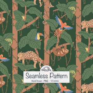 May include: A seamless pattern featuring a dark green background with brown tree trunks, large green leaves, and tropical animals including sloths, leopards, toucans, and parrots. A white label displays the text Vamisha Designs Seamless Pattern Hand Drawn PNG 12 inches.