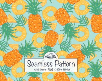 Summer Pineapple Seamless Pattern – Tropical Fruits, Palm Leaf, Hand Drawn Design (Digital Download)
