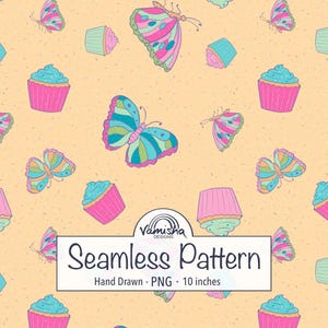 May include: Seamless pattern featuring colorful butterflies and cupcakes on a light orange background. The butterflies have pink, blue, and green details. The cupcakes are pink with blue frosting. The text "Seamless Pattern" is displayed.