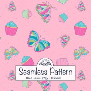Può includere: Motivo senza cuciture con farfalle e cupcake su sfondo rosa. Le farfalle hanno ali blu, verdi e rosa. I cupcake hanno involucri rosa e glassa blu. Il testo "Seamless Pattern" è visualizzato.