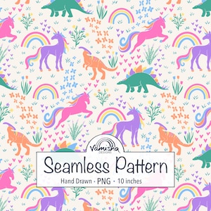 May include: A seamless pattern with unicorns, dinosaurs, and rainbows in pink, purple, orange, and green. The design includes floral and heart accents on a cream background. The image text says "Seamless Pattern" and "10 inches" (approx. 25 cm).