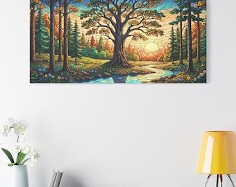 Tree of Life Sunrise Forest Mural Canvas Stained Glass Print