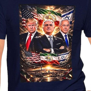 Maglietta Trump Netanyahu Pahlavi Operation Epic Fury con bandiere americane, statunitensi, iraniane e israeliane. Maglietta politica patriottica pro-Israele. L'articolo termina il 15/05.