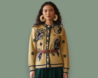 Japanese Vintage Wool Embroidered Cardigan / Abstract Art 3D Appliqué Knit Jacket / Statement Winter Wool Sweater