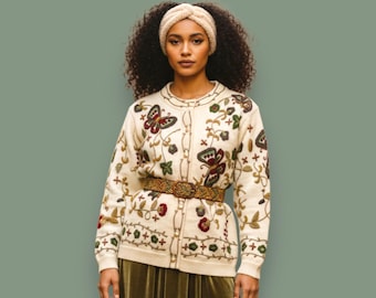 Cardigan floreale vintage giapponese in lana al 100% / Maglione con farfalla ricamata color crema / Giacca botanica in maglia 3D
