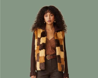 Patchwork Rabbit Fur Wool Sweater Jacket, Ribbed Knit Sleeves, Vintage Statement Top