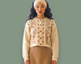 Japanese Vintage 100% Wool Hand Knit Floral Sweater / Cream Pink Flower Cardigan / Cottagecore Girlhood Knit