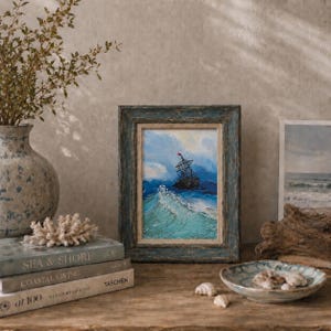 Oil Pastel Seascape Study, Stormy Ocean Boat Painting, Coastal Wall Art, Wave Artwork, Small Unframed Art,