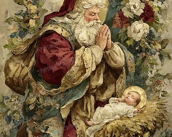 Vintage Santa Praying to Baby Jesus – Christmas Postcards – 4 JPG Digital Download