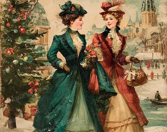 Vintage Victorian Ladies Christmas Street Scene – Winter Postcards – 4 JPG Digital Download