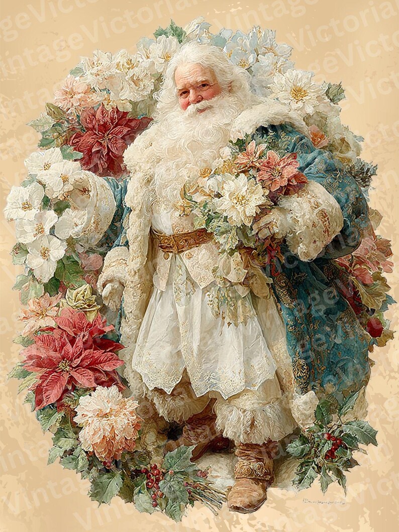 Santa With Roses Vintage Santa With Flowers – Retro Christmas Digital Postcards, 8.5×11 ...