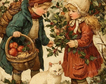 Children Gathering Apples with White Cat – Vintage Christmas Postcards, 8.5×11" (4 JPG, Digital Download)