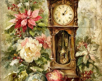 Vintage Christmas Clock Postcard - Holiday Clipart (Digital Download)