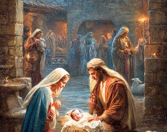 Nativity Scene Clipart – Vintage Christian Christmas Digital Postcards, 8.5×11" (2 JPG)