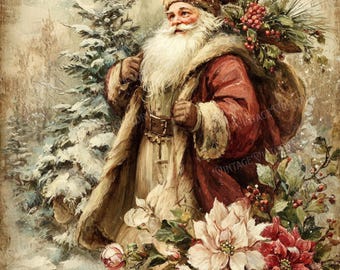 Vintage Santa Christmas Floral Clipart - Victorian Holiday Art (Digital Download)
