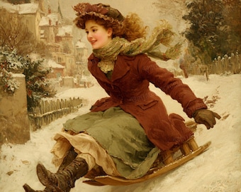 Vintage Sled Girl Illustration – Retro Winter Digital Postcards, 8.5×11