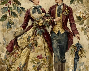 Vintage Victorian Christmas Garden Walk – Romantic Winter Postcards – 3 JPG Digital Download