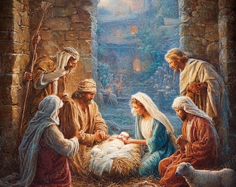 Postal digital del Santo Nacimiento – Clipart navideño cristiano, 21,5 x 28 cm (1 JPG)