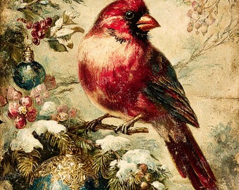 Vintage Cardinal on Christmas Tree Branch – Retro Holiday Clipart, 8.5×11" (5 JPG)