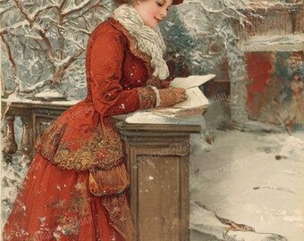 Vintage Christmas Postcard – Girl Reading Letter, Winter Scene (Digital Download)