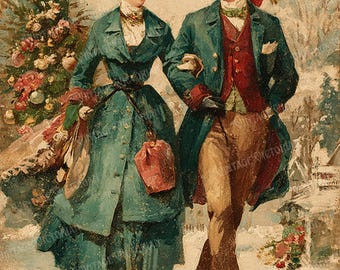 Vintage Couple Walking at Christmas Time – Holiday Postcards – 4 JPG Digital Download