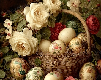 Stampa artistica di un cesto di uova di Pasqua vittoriano d'epoca, in stile cartolina romantica antica (download digitale)
