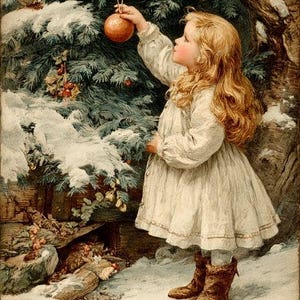 Puede incluir: Ilustración vintage de una niña con vestido blanco y botas marrones decorando un árbol de Navidad nevado con una bola naranja redonda. La escena evoca una sensación de invierno y alegría navideña.