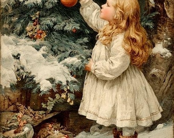 Ragazza di Natale vintage che decora l'albero – Cartoline digitali retrò per le vacanze, 8,5×11