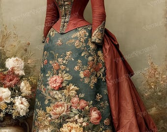 Victorian Era Vintage Dress Printable | Antique Gown Illustration | 19th Century Fashion Digital Art JPG