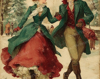 Vintage Christmas Ice Skating Couple – Romantic Winter Postcards – 4 JPG Digital Download