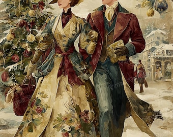 Vintage Victorian Couple – Romantic Christmas Postcards – 4 JPG Digital Download