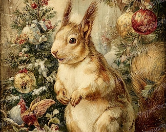 Vintage Christmas Squirrel Under Tree – Holiday Postcards – 4 JPG Digital Download