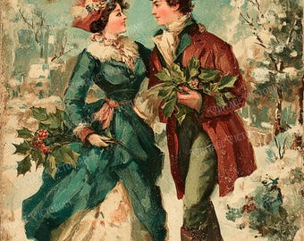 Vintage Victorian Couple Gathering Christmas Bouquets – Winter Postcards – 4 JPG Digital Download