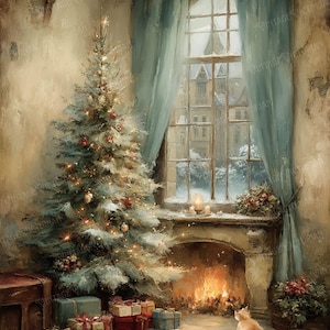 Peut inclure: Une peinture de style ancien représente une scène de Noël chaleureuse. Un sapin de Noël décoré se dresse près d'une cheminée avec un feu qui brûle. Des cadeaux sont disposés sur le sol. Un chat est assis près de la cheminée, et une fenêtre avec des rideaux donne sur un paysage enneigé.
