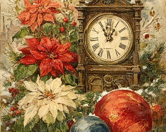 Vintage Christmas Clock Postcards – Retro Holiday Timepiece Clipart, Digital 8.5×11" (4 JPG)