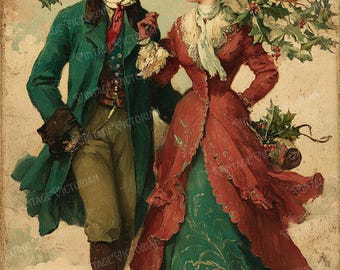 Vintage Victorian Couple Christmas Walk – Holiday Postcards – 4 JPG Digital Download