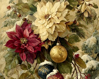 Vintage Christmas Branch with Ornaments – Holiday Postcards – 5 JPG Digital Download