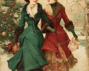 Vintage Victorian Ladies Walking, Christmas Time – Holiday Postcards – 4 JPG Digital Download