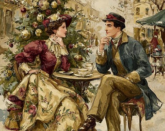 Vintage Christmas Tea Time Couple – Victorian Holiday Postcards – 5 JPG Digital Download