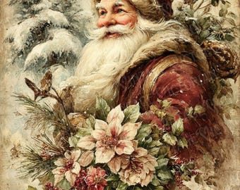 Vintage Santa with Flowers in the Forest – Retro Christmas Digital Postcards, 8.5×11