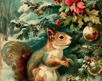 Vintage Christmas Squirrel Under Tree – Winter Postcards – 4 JPG Digital Download