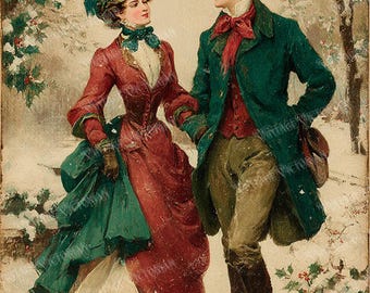 Christmas Couple Under Mistletoe Clipart – Romantic Vintage Holiday Art (Digital Download) | 3 JPG