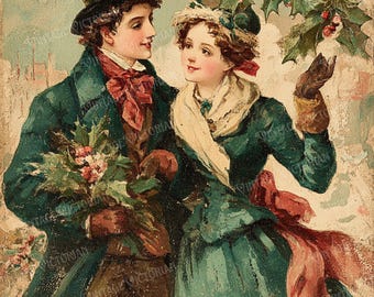 Vintage Victorian Christmas Garden Couple – Winter Postcards – 4 JPG Digital Download